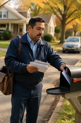 Postal Worker Delivering Mail in Suburb
