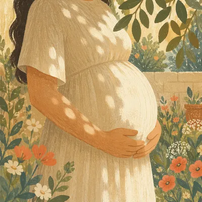 Pregnant Woman Cradling Belly in Garden Light