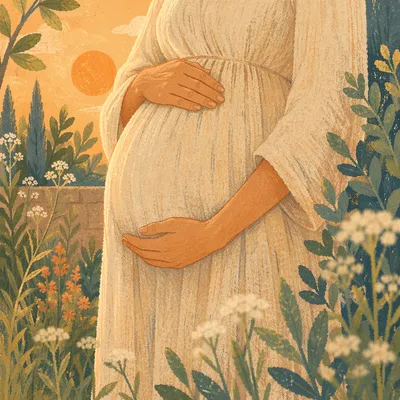 Pregnant Woman Cradling Belly in Garden Light