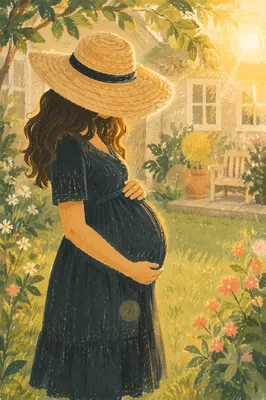 Pregnant Woman in Sunlit Garden Embrace