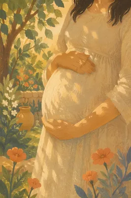 Pregnant Woman Cradling Belly in Garden Light