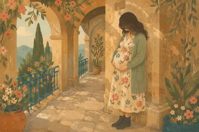 Pregnant Woman in Garden Colonnade Light