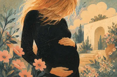 Pregnant Woman Cradling Belly in Garden Light