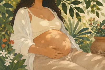 Pregnant Woman Cradling Belly in Garden Light