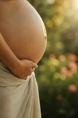 Pregnant Woman Cradling Belly in Garden Light