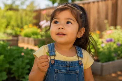 Curious Preschool Girl in Community Garden