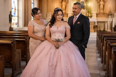 Quinceañera Girl with Parents in Chapel