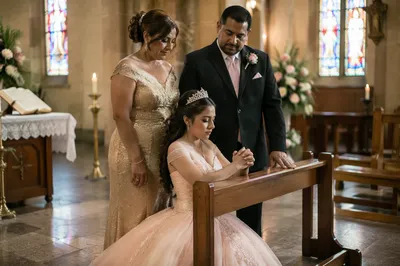 Quinceañera Blessing Beside Church Pew
