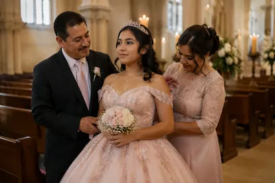 Teen in Blush Gown With Parents