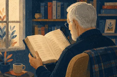 Retired Pastor Reading Scripture in Home Library