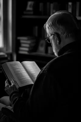 Retired Pastor Reading Scripture in Home Library