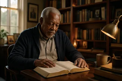 Older Man Reading in Home Library