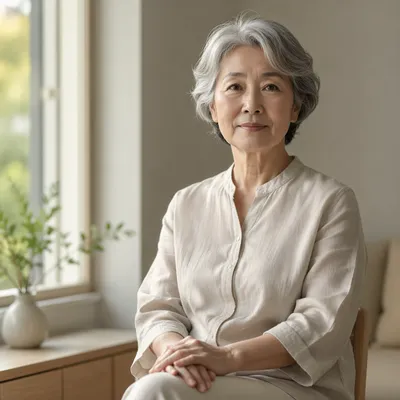 Calm Senior East Asian Woman by Window