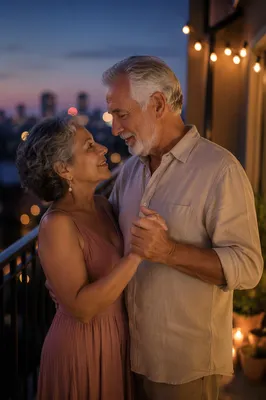 Senior Couple Dancing on Balcony at Dusk