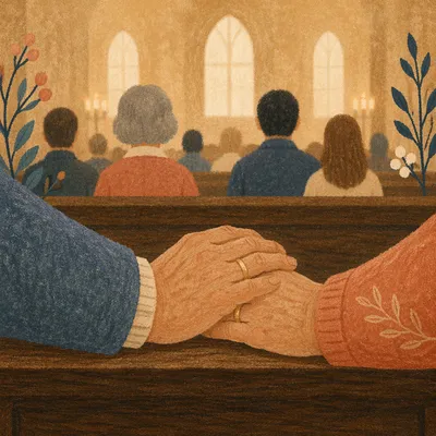 Elderly Couple Holding Hands on Pew