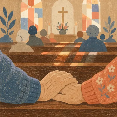 Senior Couple Holding Hands in Church