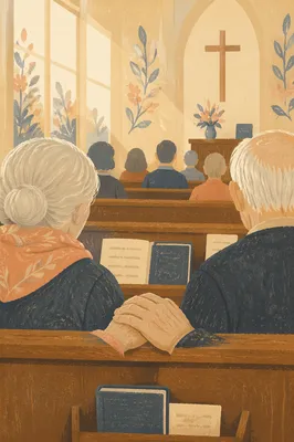 Senior Couple Holding Hands in Church