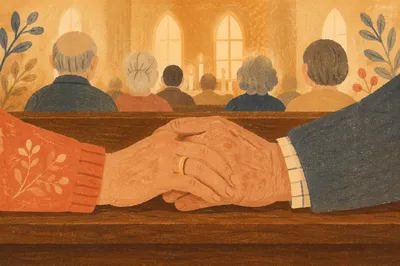 Elderly Couple Holding Hands in Church