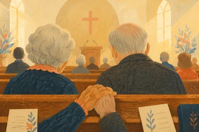 Senior Couple Holding Hands in Church
