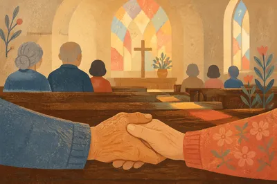 Senior Couple Holding Hands in Church