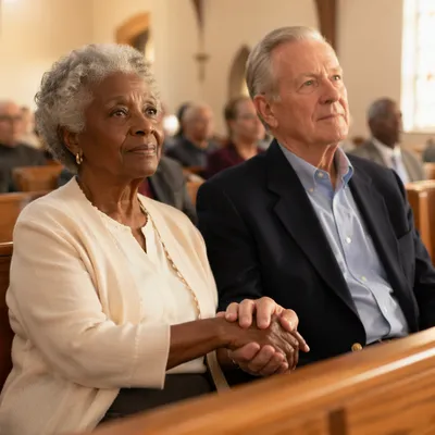 Senior Couple Holding Hands in Church