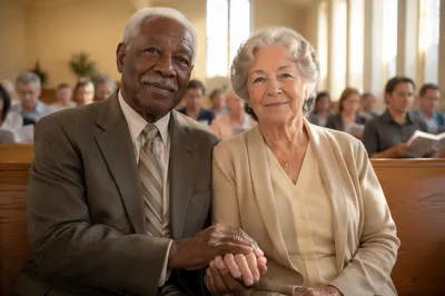 Elderly Couple Holding Hands in Church