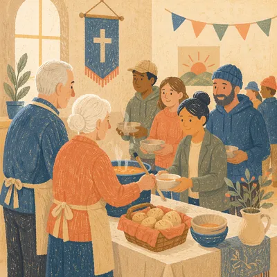Senior Couple Serving Volunteers in Fellowship Hall