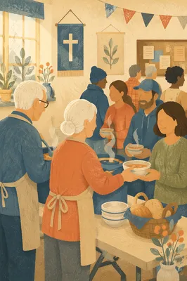 Senior Couple Serving Volunteers in Fellowship Hall