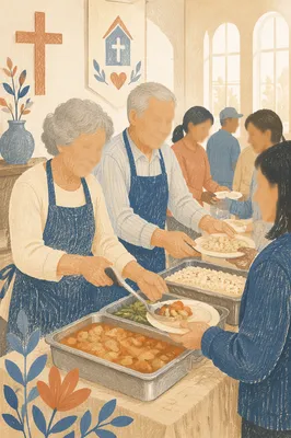 Senior Couple Serving Meals at Church