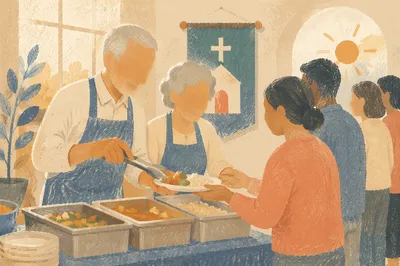 Senior Couple Serving Meals at Church