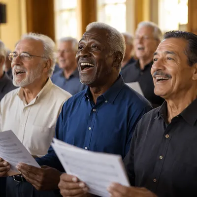 Joyful Senior Men's Choir Rehearsal Portrait