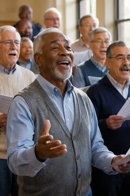 Joyful Senior Mens Choir Rehearsal Portrait