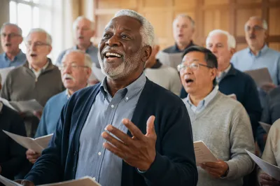Joyful Senior Mens Choir Rehearsal Portrait