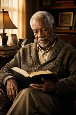Elderly Man Reading in Warm Study