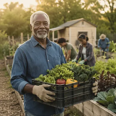 Senior Volunteer Holding Produce Crates