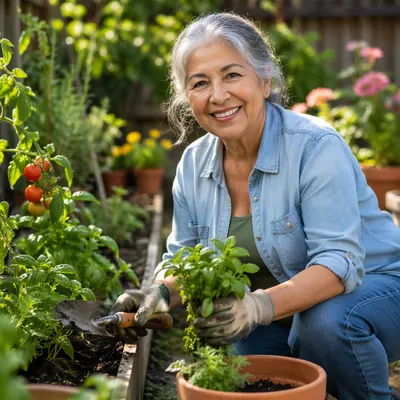 Senior Woman Gardening in Sunny Backyard
