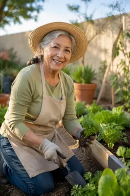 Senior Woman Gardening in Sunlit Backyard