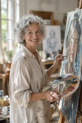 Joyful Senior Woman Painting in Art Studio