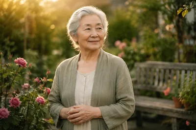 Elderly Woman in Morning Garden Light