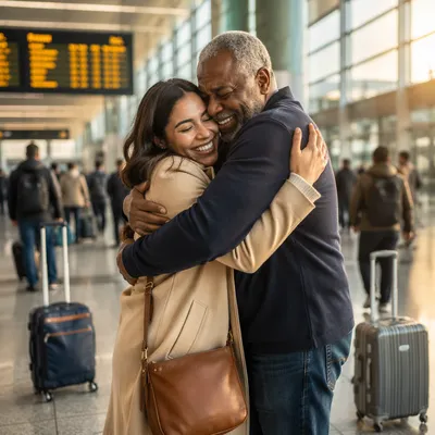 Siblings Embracing in Airport Arrivals Hall