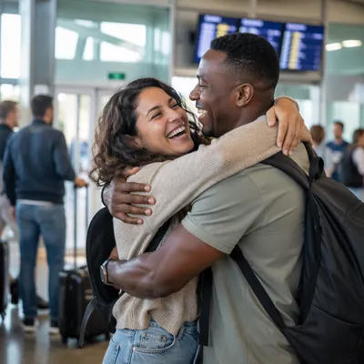 Siblings Embracing at Airport Arrival Gate