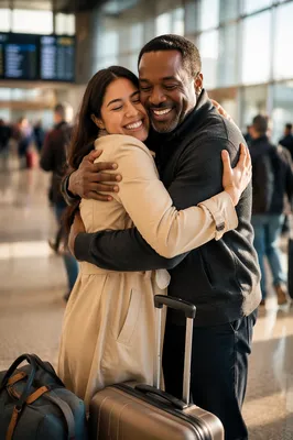 Siblings Embracing in Airport Arrivals Hall