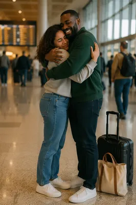 Siblings Embracing in Airport Arrivals Hall
