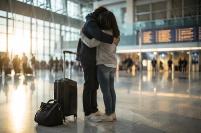 Sibling Reunion Hug at Airport Arrival