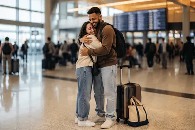 Adult Siblings Embracing at Airport Arrival