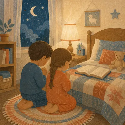 Siblings Praying Together at Bedtime