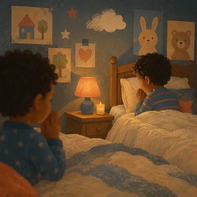 Siblings Sharing Bedtime Prayer in Warm Light