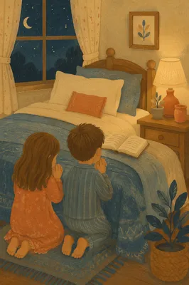 Siblings Praying Together at Bedtime