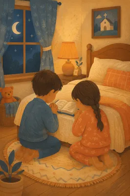 Siblings Praying Together at Bedtime