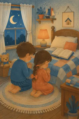 Siblings Praying Together at Bedtime